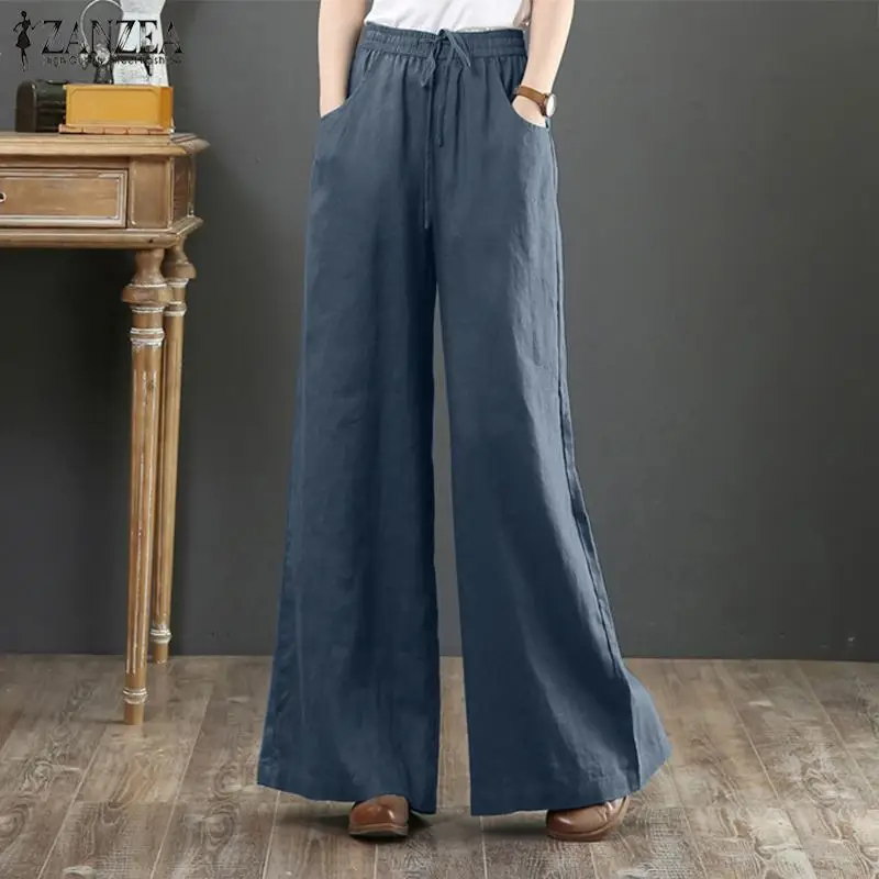 Casual Wide Leg Pants Women\'s Autumn Trousers ZANZEA 2023 Vintage High Waist Long Pantalon Palazzo Female Solid Turnip Oversized