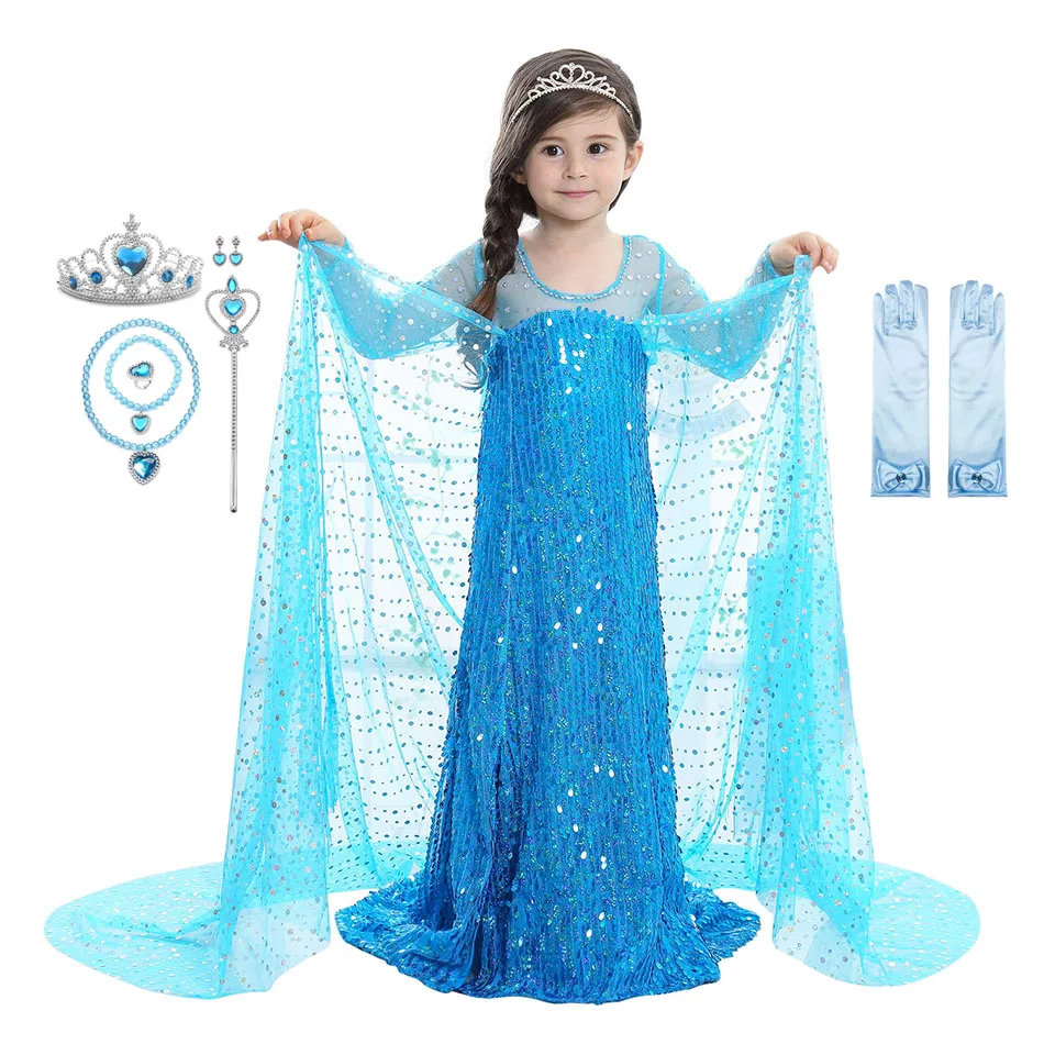 

Sequin Tailing Halloween Elsa Dress Girls Costume Fancy Party Princess Dresses Elegant Long Sleeve Mesh Prom Dress Girl Clothes