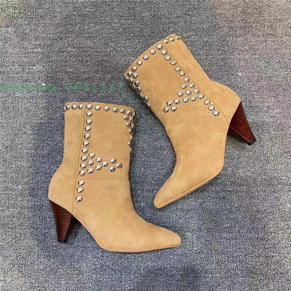 Rivets Spike Heel White Long Boots Women Pointed Toe Slip On Booties Suede Leather Splicing High Heels Chic European Style Shoes