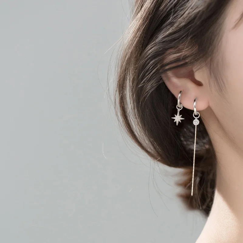 925 Sterling Silver Star Tassel Asymmetric Hoop Earrings for Women Round Disc Gold Earrings CZ Wedding Jewelry