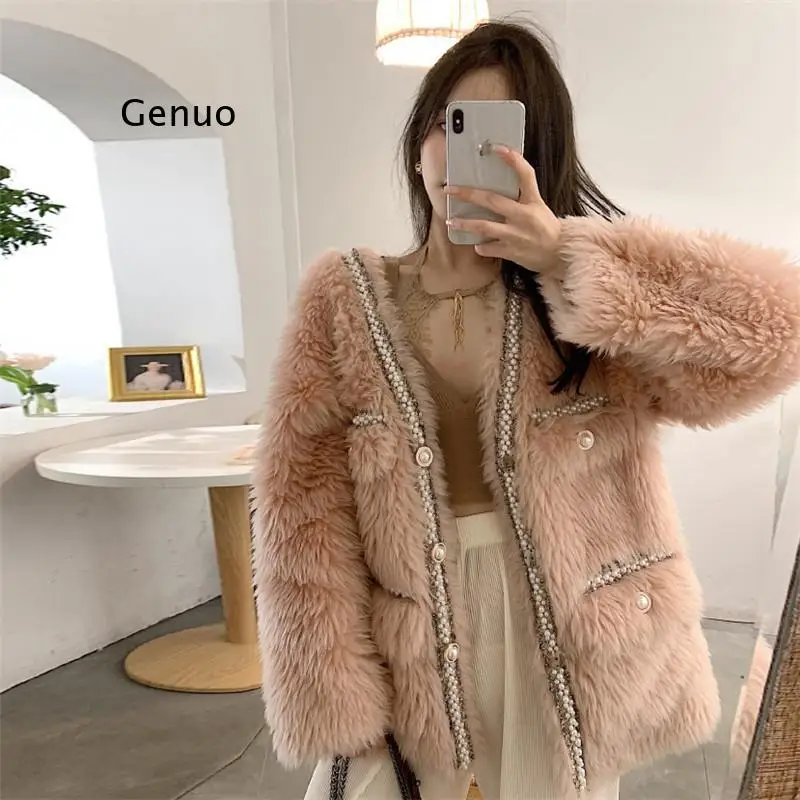 

Long Faux Fur Coat 2020 Winter Coat Women Elegant High Fashion Fluffy Jacket Pink Outwear Peals Beaded V Neck Faux Fur Jacket