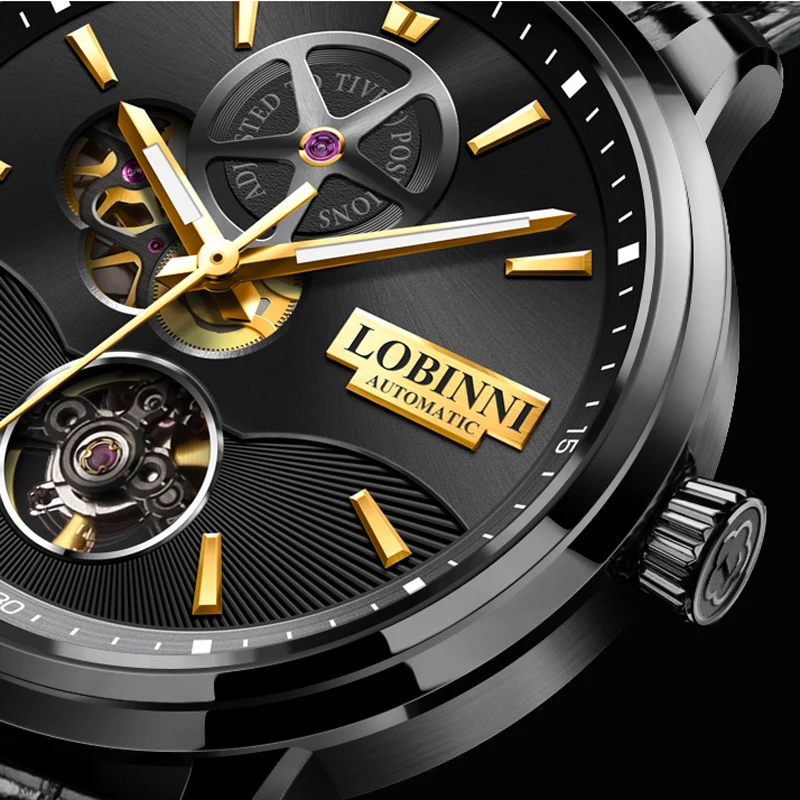 LOBINNI แบรนด์หรูใหม่แฟชั่น Mens นาฬิกาสายหนังกันน้ํา Casual นาฬิกากลไกอัตโนมัติ Relogio Masculino