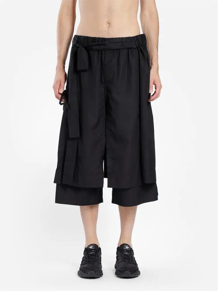 Men's Wide Leg Pants Casual Pants Skirt Spring And Autumn New Black Elastic Waist Design False Two Layer Seven Points Design