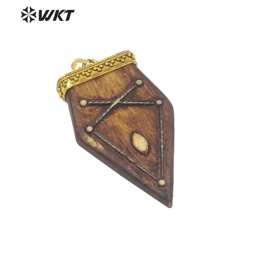 WT-P978 5pcs/lot Wholesale Design Carved Pendant with Gold strim ,Brown Resin Arrowhead Shape Pendant for Necklace Making