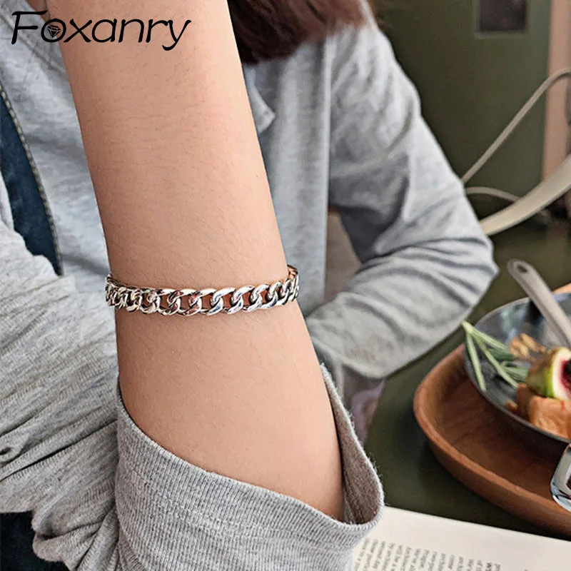 Foxanry Minimalist Silver Color Bracelet for Women Vintage Punk Thai Silver Lock Chain Bangles Party Jewelry Gifts