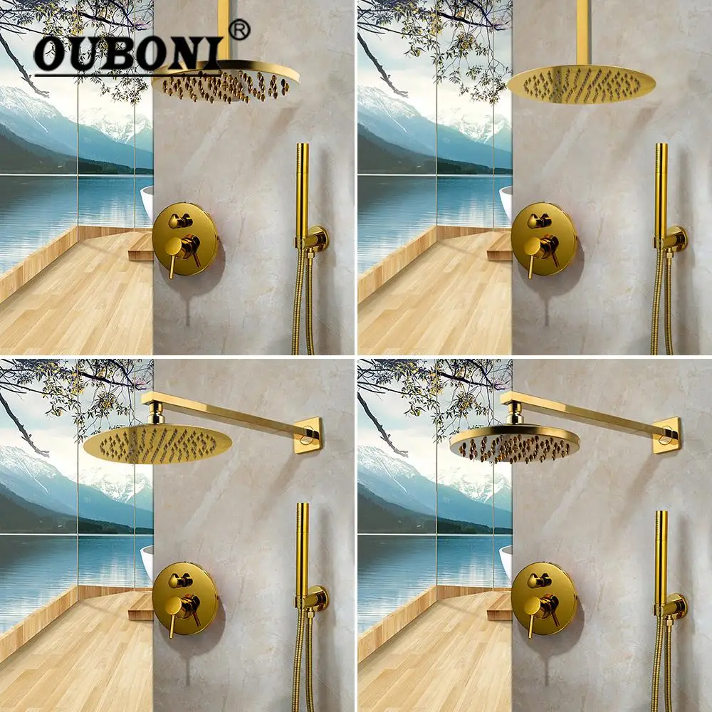 OUBONI Golden Plated Shower Faucet Set Solid Brass Wall Mounted Rainfall Shower Mixer Tap 8 Inch Round Style Shower Faucet Set