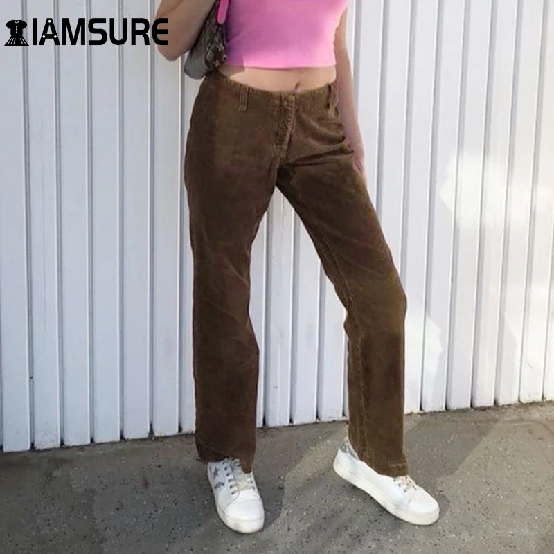 IAMSURE Corduroy Joggers Women Cargo Pants Caramel Brown Low Waist 90s Streetwear Aesthetic Straight Trousers Female 2021 Ladies