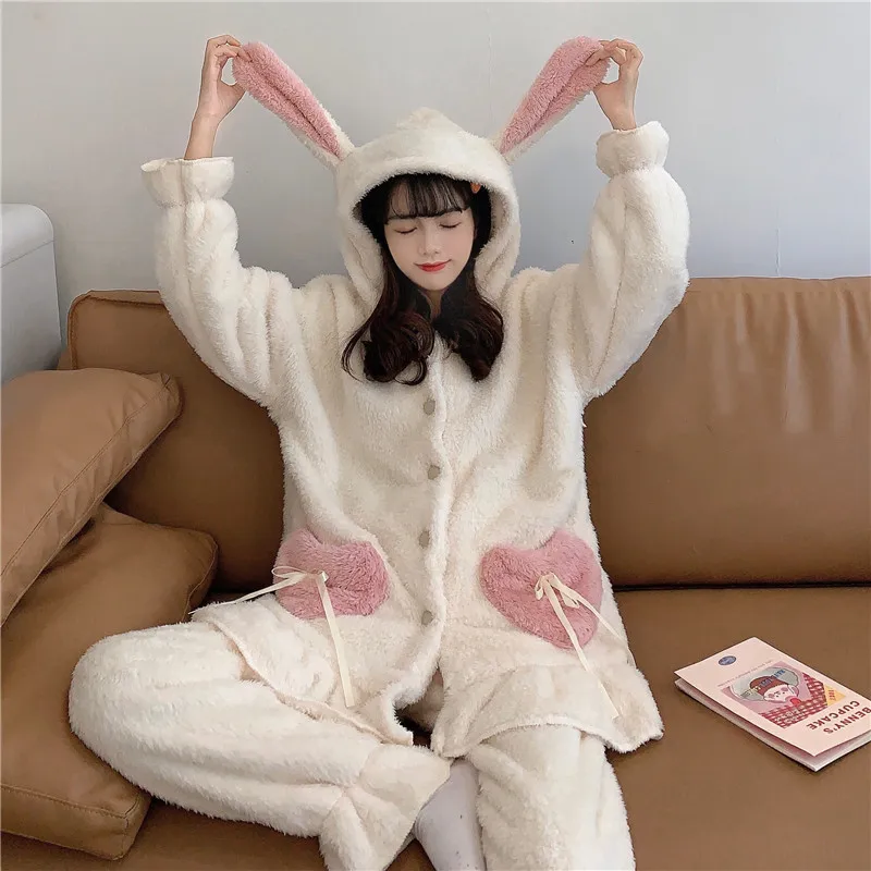 Winter Cute Flannel Pajama Set Women Kawaii Plush Sleepwear Bunny Ear Long Sleeve Fleece Warm Two Piece Sleep Home Lounge Wear