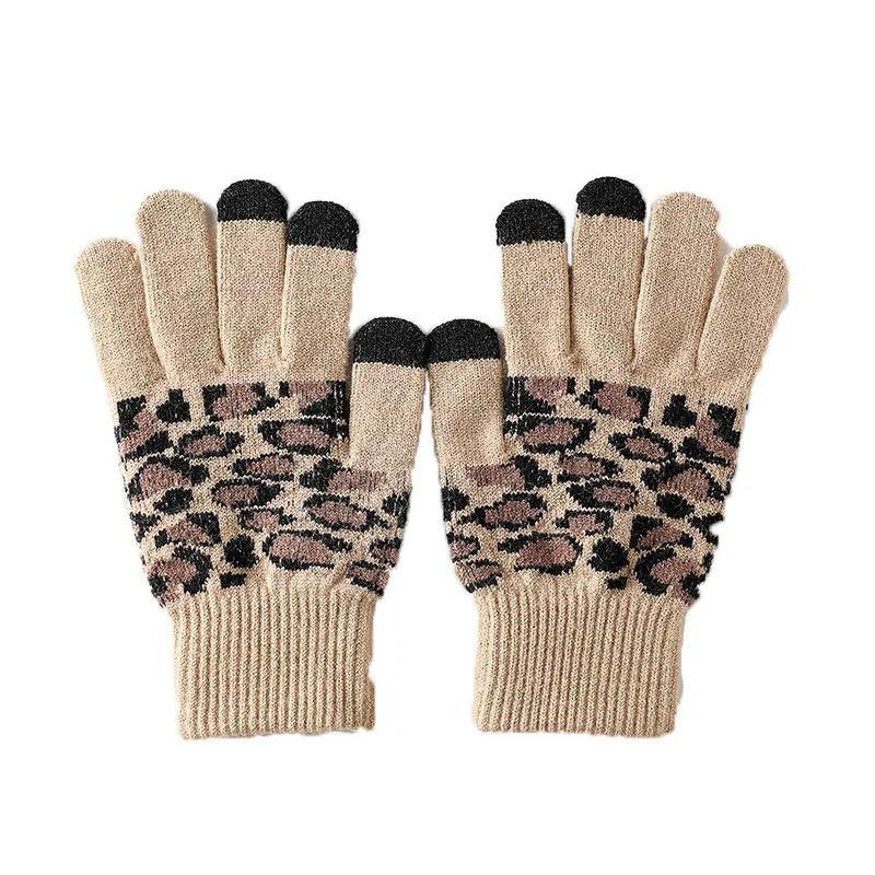 

Winter Women Warm Stretch Nylon Knit Sport Cycling Glove Leopard Full Finger Plus Plush Thick Touch Screen Driving Mitten I96