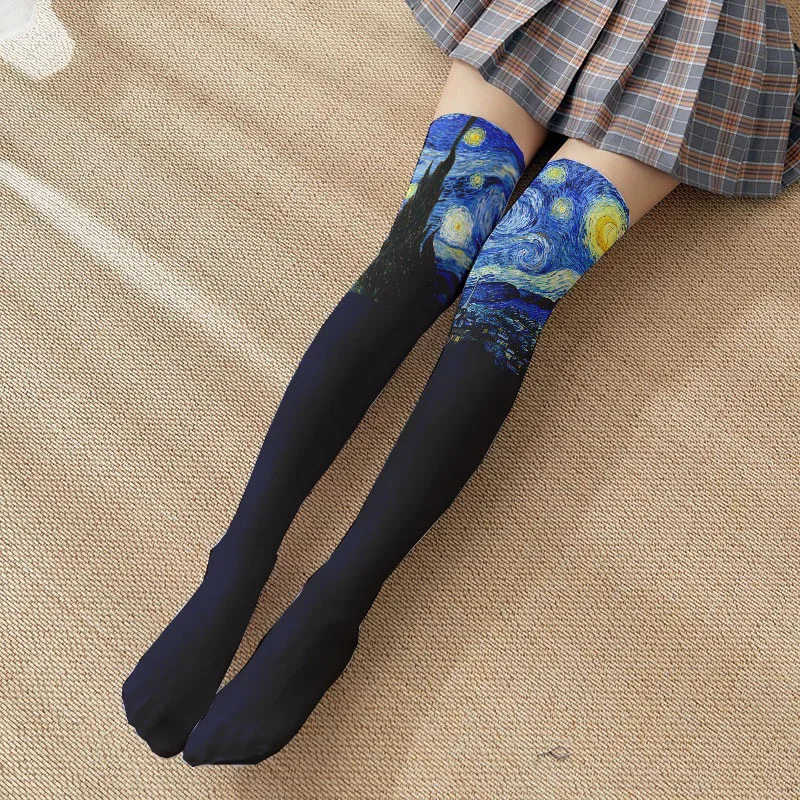 New Oil Painting Printed Long Socks Women Thigh High Socks Over The Knee Stockings Japanese Lolita Knee High Socks For Girls