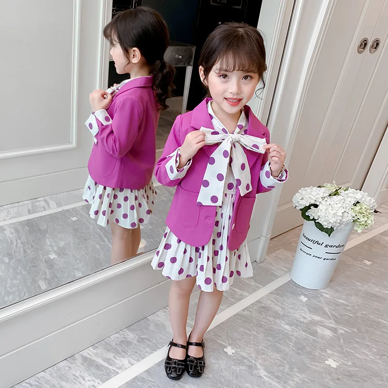 Kids Blazers Sets Spring Autumn Girls Casual 2pcs Dress Suits Jackets Single Breasted Polka Dot Sweet Children\'s Clothes H1