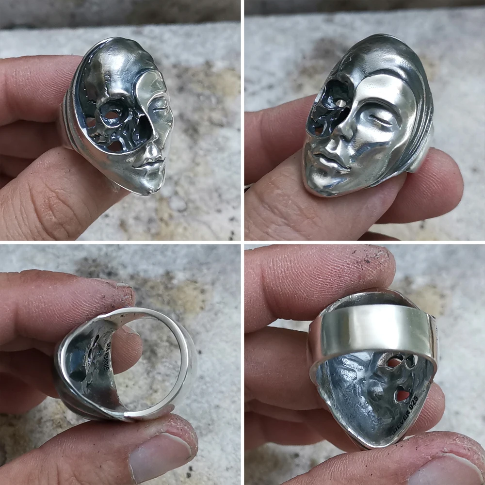 LINSION 925 Sterling Silver Life Death Heaven Hell Skull Face Ring Mens Punk Ring TA179 US Size 7~15