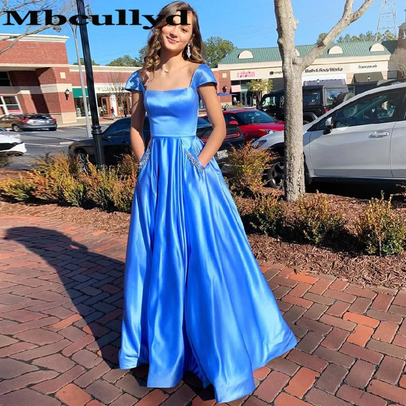 

Mbcullyd Crystal Blue Prom Dresses Long With Pocket Cap Sleeves Imported Evening Dress For Women vestidos de fiesta de noche