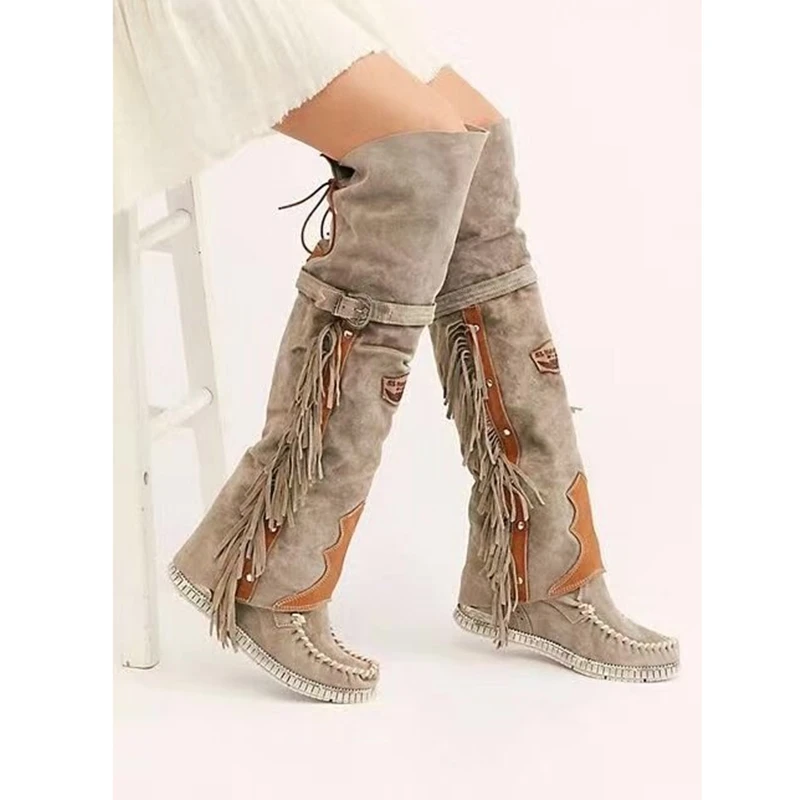 Suede Over The Knee Flat Boots Winter Sewing Thread Tassel Runway Shoes Round Toe Lace Up Belted Boots Warm Genuine Leather