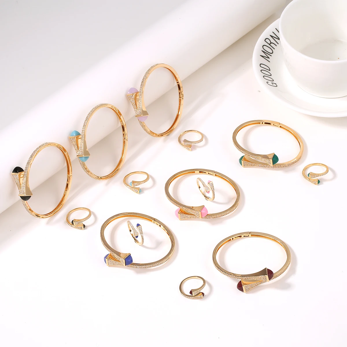 2021 New Romatic Women Fashion 2 Pcs Bracelet & Ring Set Candy color stone Simple Design Gold Open Cuff Bangle Ring Jewelry Set