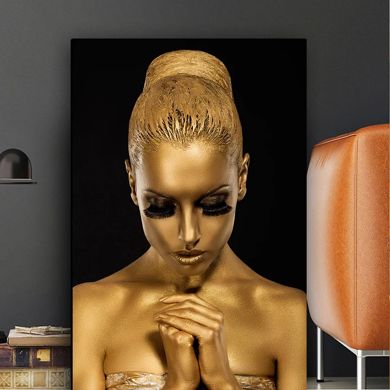 Black Hand and Gold Lip Nude Woman Oil Painting on Canvas Cuadros Posters and Prints African Wall Art Picture for Living Room