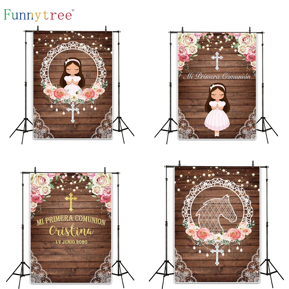 Funnytree First Communion Backdrop Photozone Anniversary Horse Rose Girl Background Photocall Birthday Kids Banner Photography