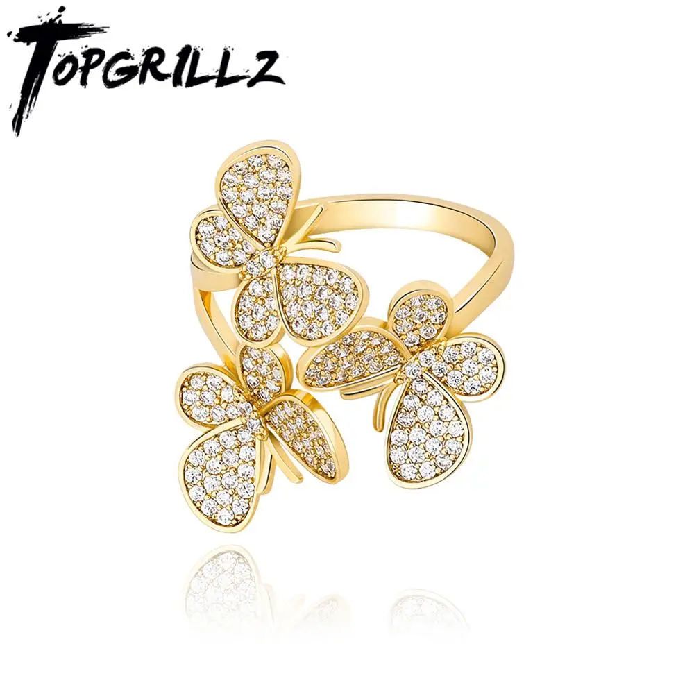 TOPGRILLZ 2020 New Butterfly Ring High Quality Copper Ring Iced Out Cubic Zirconia Hip Hop Fashion Jewelry For Gift Adjustable