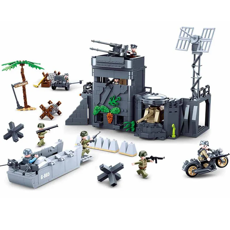 Military German Army Atlantic Fort Bastion MOC Building Blocks Set Weapon War Chariot Soldier WW2 Bricks Classic Model Kids Toys