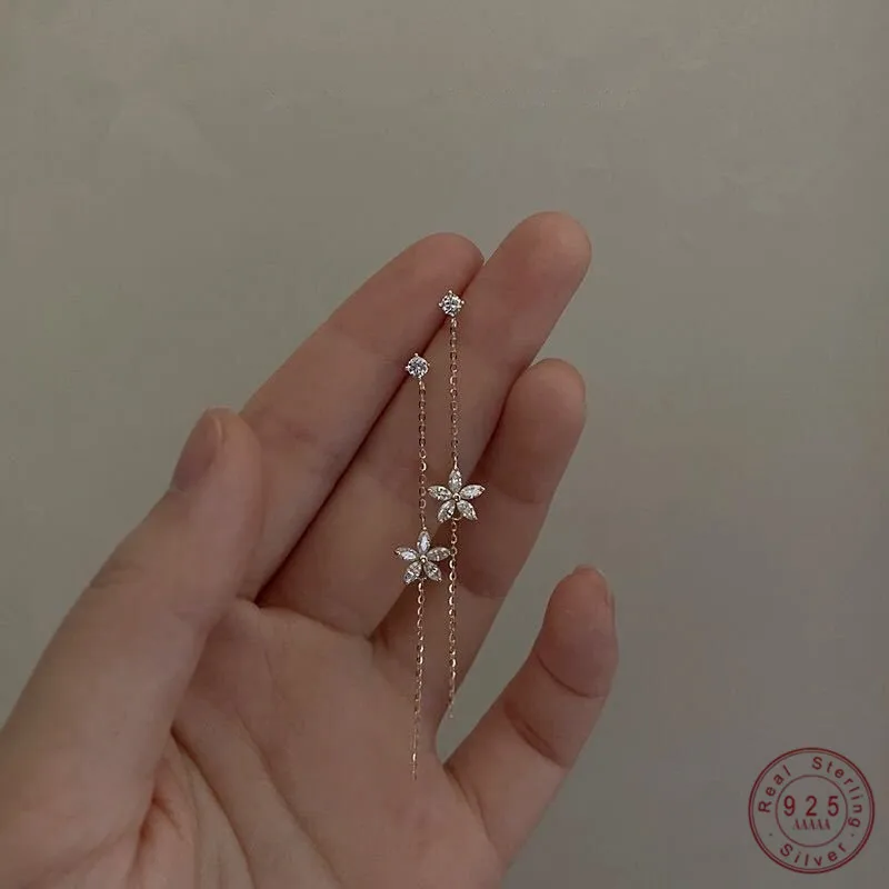 925 Sterling Silver Plated 14K Gold Long Tassel Zircon Flower Earrings fou women Sweet Temperament Biżuteria ślubna Akcesoria