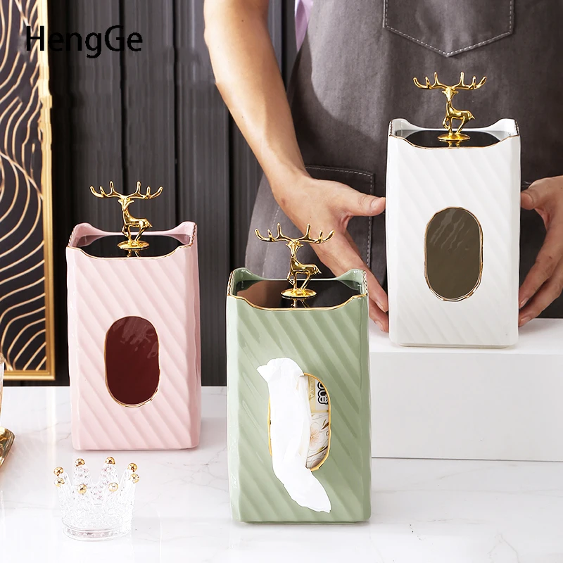 Light Luxury Vertical Tissue Box Nordic Creativity Stripes Napkin Holder with Gold Elk Cover Coffee Table Paper Box Home Decore