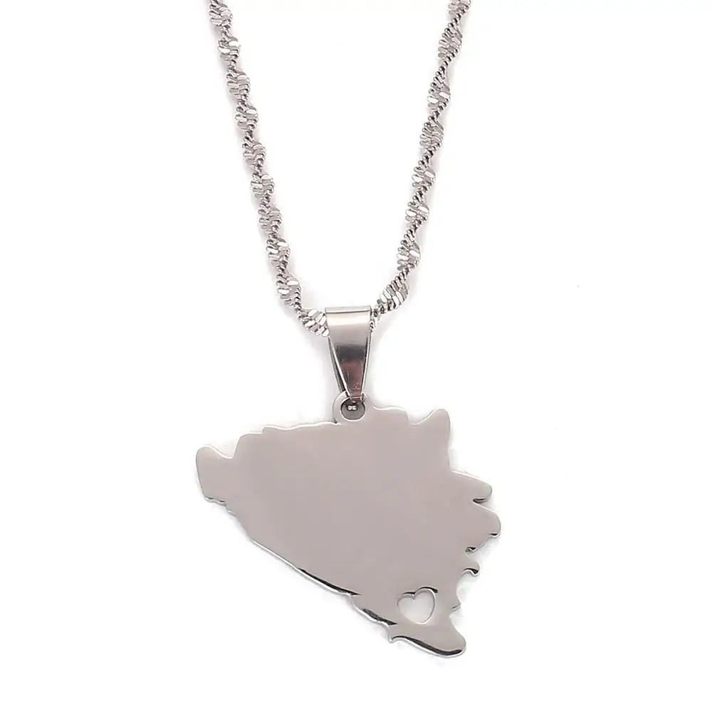 Stainless Steel Bosnia and Herzegovina Map Pendant Necklaces for Women Silver Color Bosnian Charm Jewelry