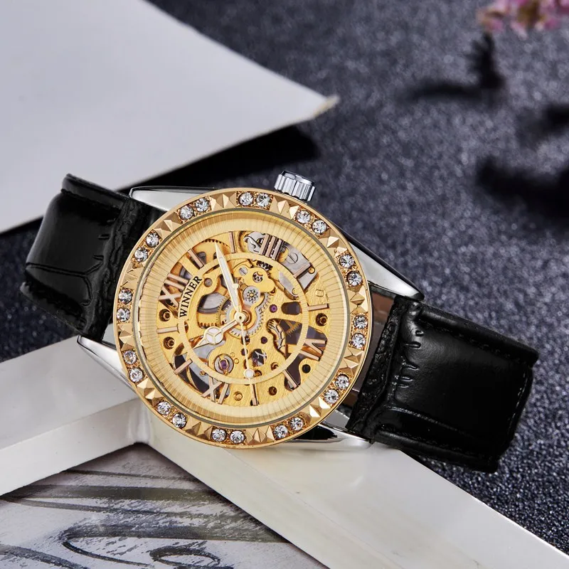 Gorben Black Leather Strap Mechanical Clock Male Self-winding Automatic Mechanical Watch Men Skeleton Watches Wristwatch