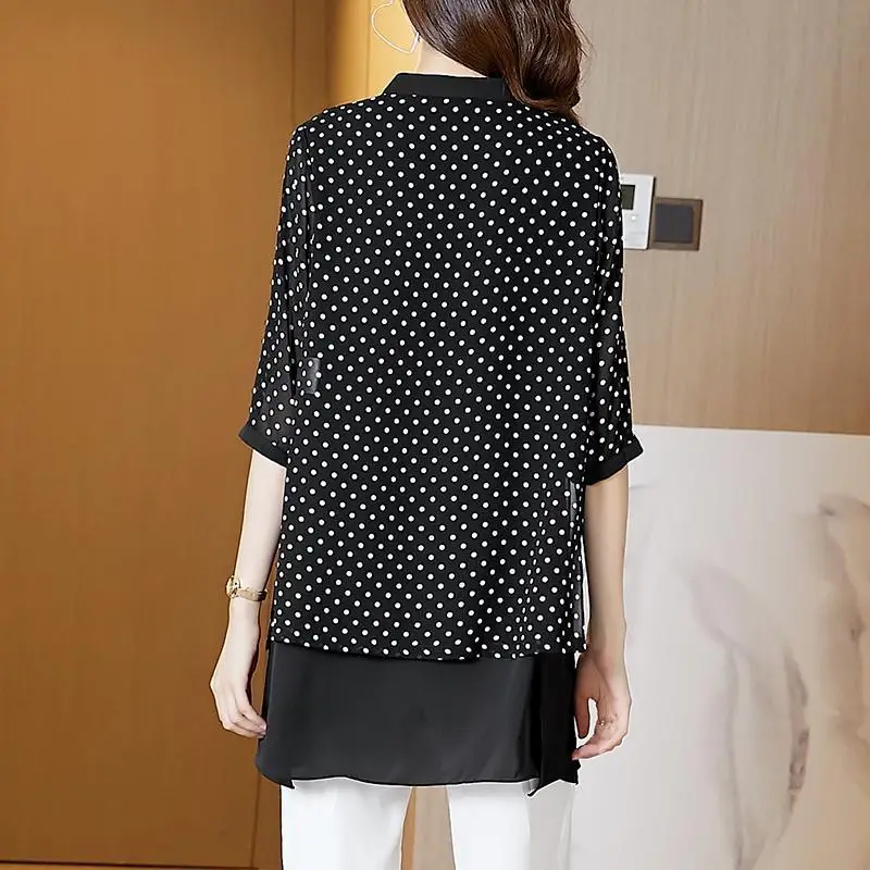 Summer Women Dots Print Chiffon Shirts Blouses Fake Two Pieces Large Size Loose Temperament Tops Mid-Length Blusas MM0316