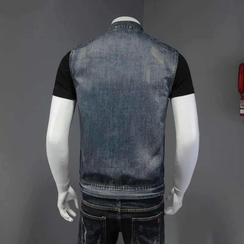 Męska jeansowa kurtka dla rowerzysty kamizelka zamki stojak kołnierz bawełna Denim kamizelka Plus rozmiar bez rękawów Tank Top