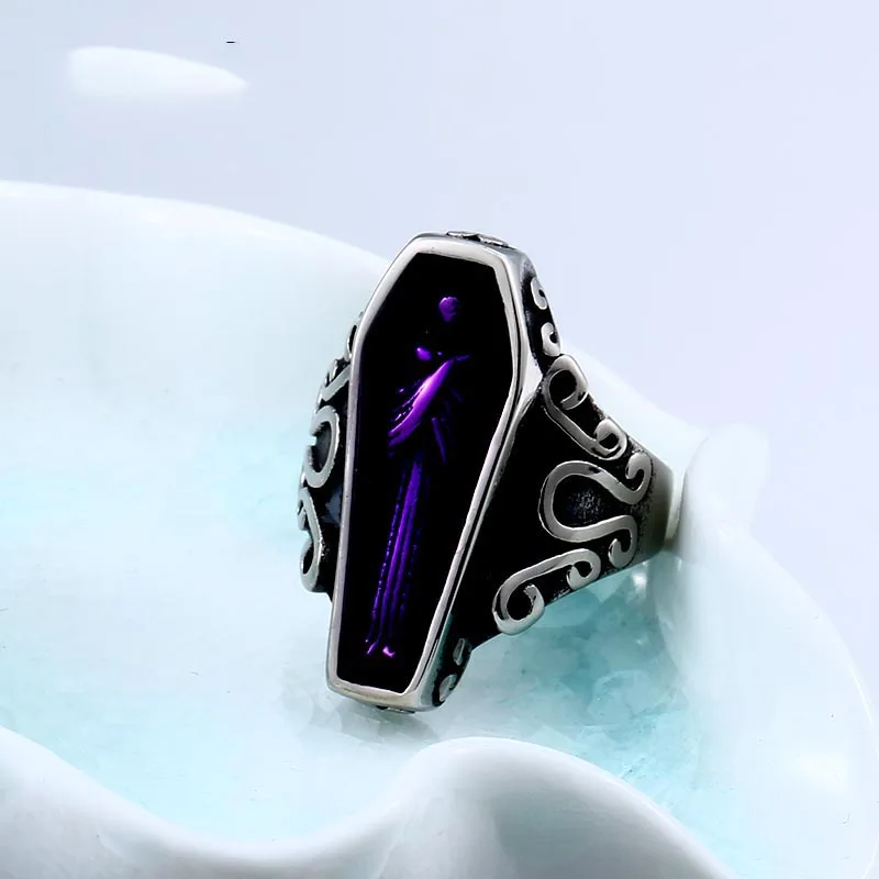 Punk Vampire Diaries Undertaker Ring Biker Rock Stainless Steel With Purple Colour Vintage Jewelry Men