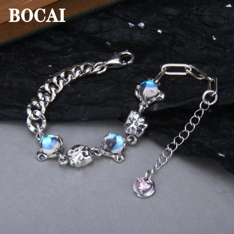 BOCAI Real s925 Sterling Silver Jewelry 2022 New Style Irregular Stitching Trendy Moonstone Woman Bracelet