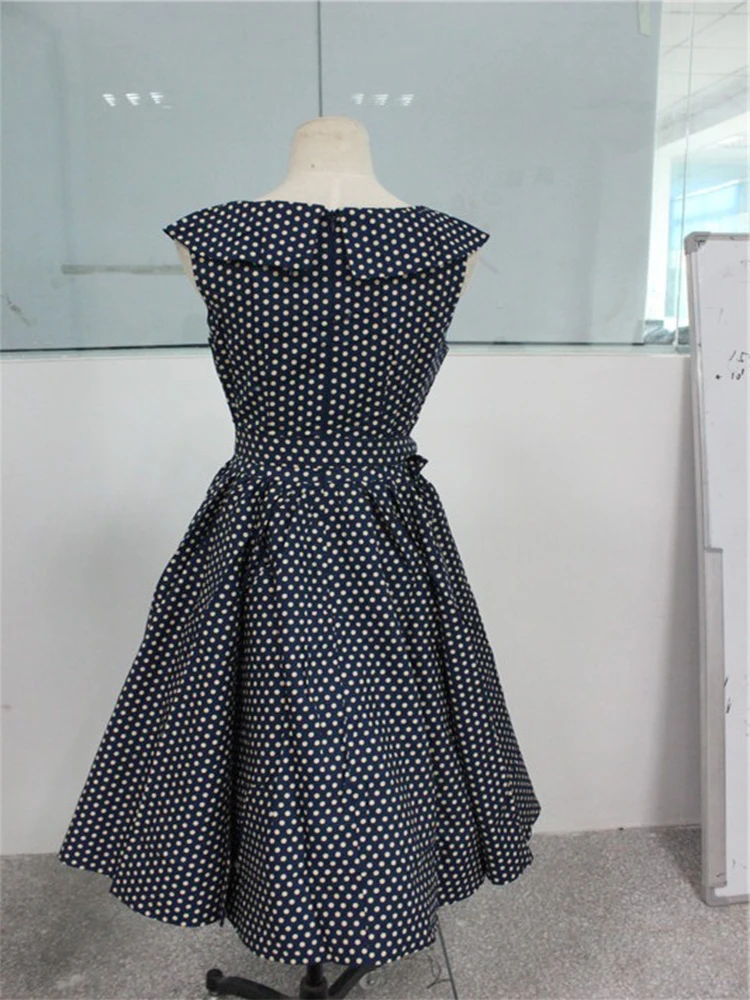 50s Audrey Hepburn Polka Dot Retro Party Rockabilly Plus Size S-3XL Dark Blue Print Dresses Vestidos