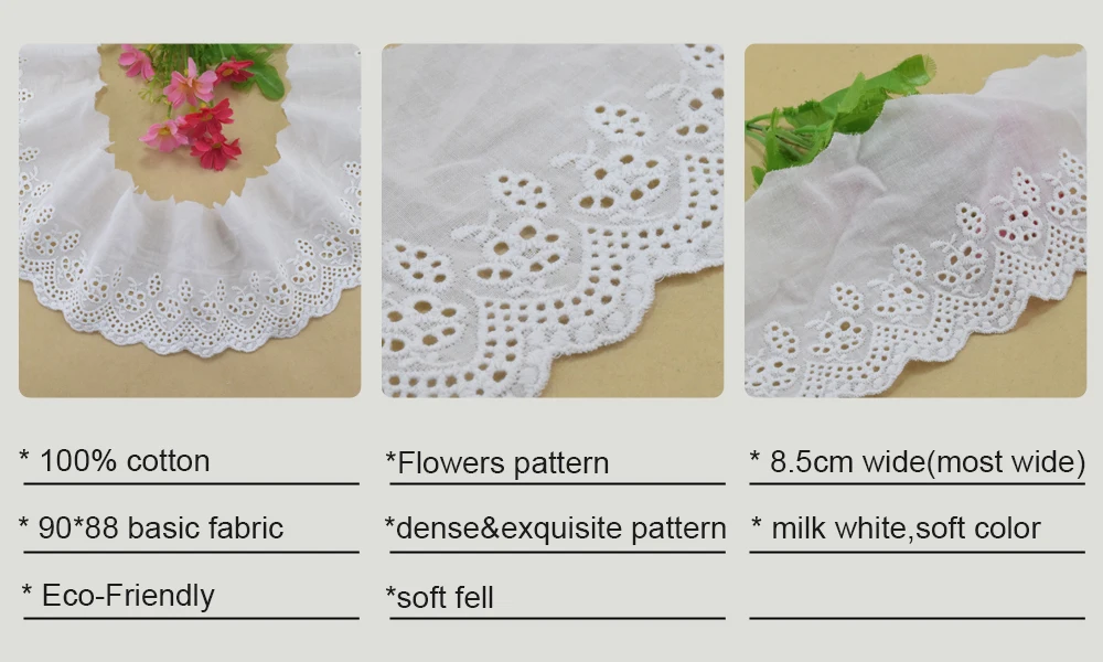 100 % Baumwolle, Stickerei, Spitze, Nähband, Guipurebesatz, Hochzeitsdekoration, DIY-Puppen, Kleidungszubehör, Spitze, 8,5 cm breit # 4192 – Detail 1
