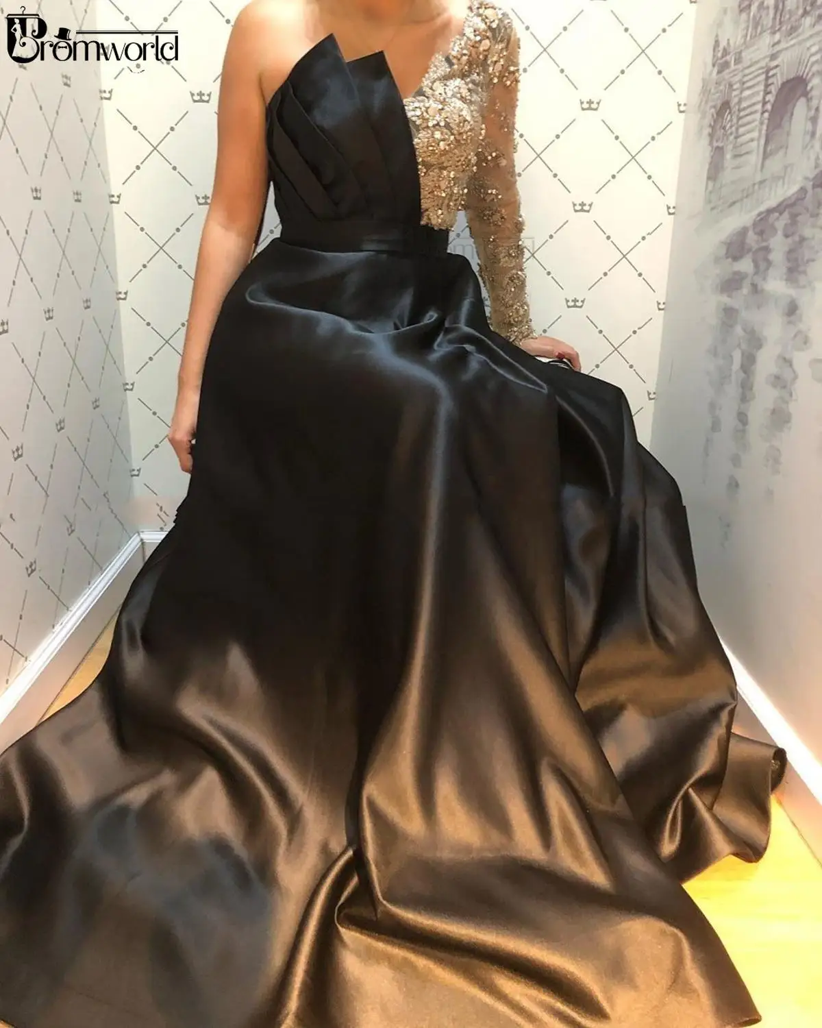 One Shoulder Sleeve Beaded Black Satin Evening Dress Long with Slit A-line Vestidos Formales Dubai Arabic Prom Party Gown 2022