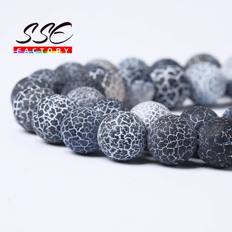 Round Frost Cracked Black Crab Agates Beads Natural Loose Beads For Jewelry Making DIY Bracelets Necklaces 15\'\' 4/6/8/10/12mm