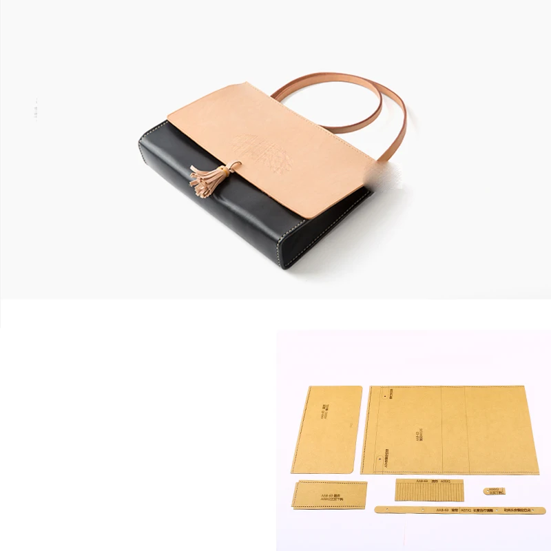 女性用レザーハンドバッグ,日曜大工,500gsm,ボール紙テンプレート,ステッチ穴パターン,透かし彫りステンシル,タッセル付き26x16x4cm