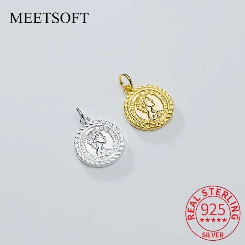 MEETSOFT Genuine 925 Sterling Silver Queen avatar Charms for Woman DIY Handmade Jewelry Carved Pattern Deocration Accessory