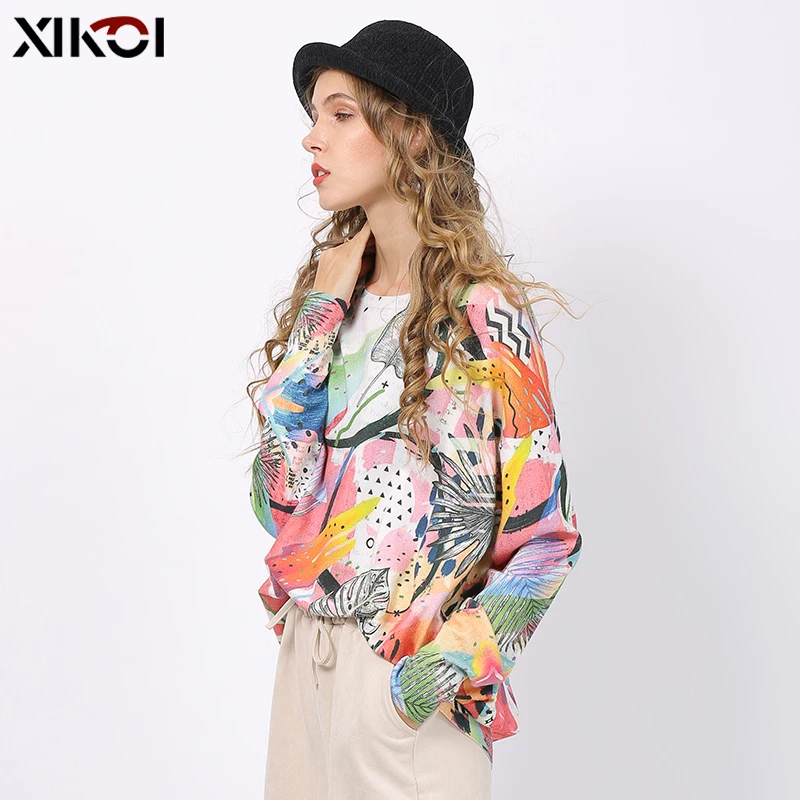 XIKOI Women Knitted Print Sweater Dress Long Sleeve Loose Kint Sweater Ladies Tops Pullover Winter Knitted Jumper Oversized Pull