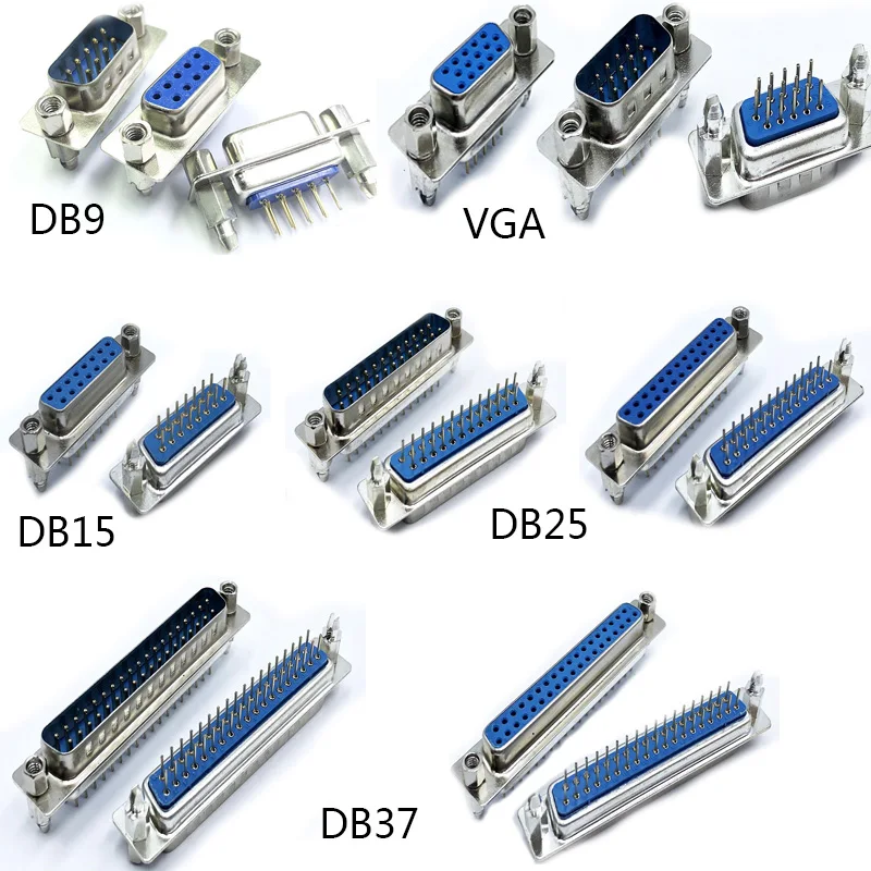 10Pcs Male/Female Blue Straight Pin DB9 DB15 DB25 DB37 VGA D-sub PCB Mount RS232 Serial Port Connector Socket With Screw Nuts