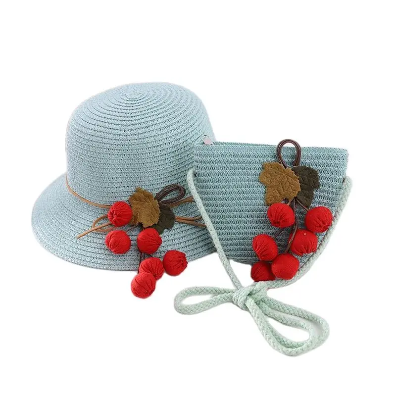 Europe America Red Fruit Parent-Child Sun Hat Bag Set Summer Brand Beach Straw Hst For Girl Women Wide Brim Kid Cap