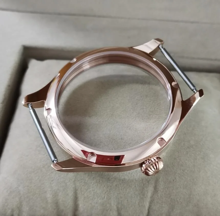 44mm  316L Stainless steel watch cases electroplated 18K rose gold fit ETA 6497/6498  movement the diamond shape crown 010A