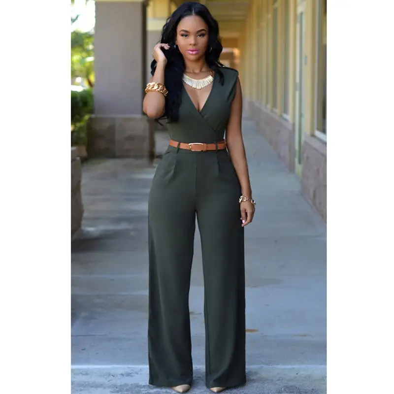 Women sashes high waist v-neck loose wide leg pants summer jumpsuit Casual Rompers overalls for female women jumpsuits women