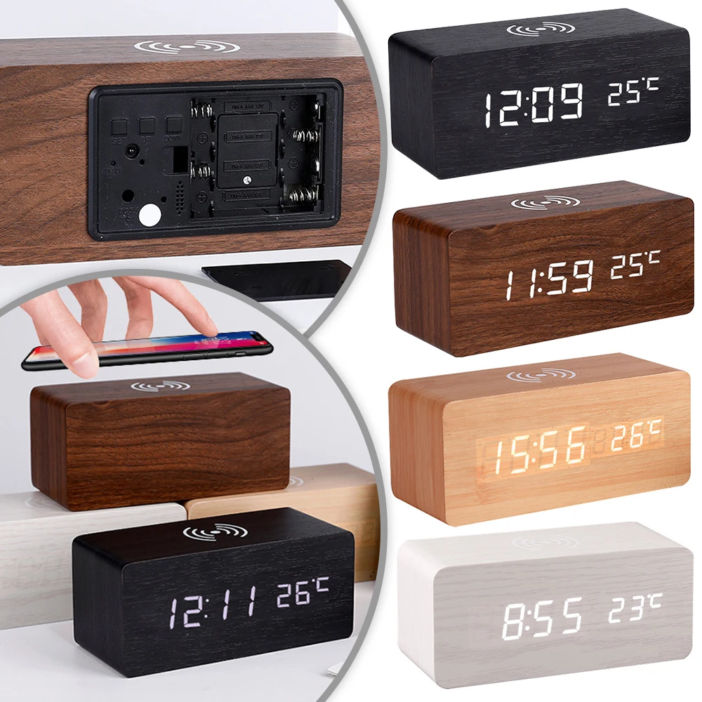 

Wireless Charger With Qi Wireless Charging Pad Alarm Clock LED Wood Digital LED Desk Alarm Clock Thermometer