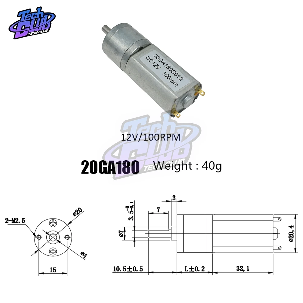 20GA180 12V 100RPM Metal Gear Low Speed High Torque Gear Motor DC Gear Speed Reduction for Car Toys RC Robot