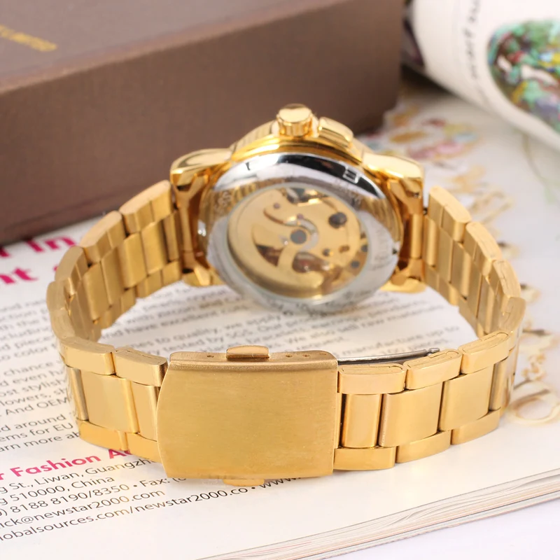 WINNER Fashion trend men's and women's watch gold hollow design dial watch gold stainless steel strap automatic mechanical wa