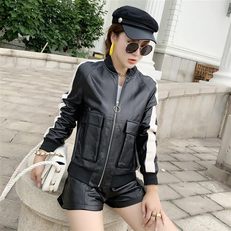 White Striped Real Leather Jackets New Fashion Real Sheep Leather Jackets Female Real Soft leather Genuine Leather Jackets WY560