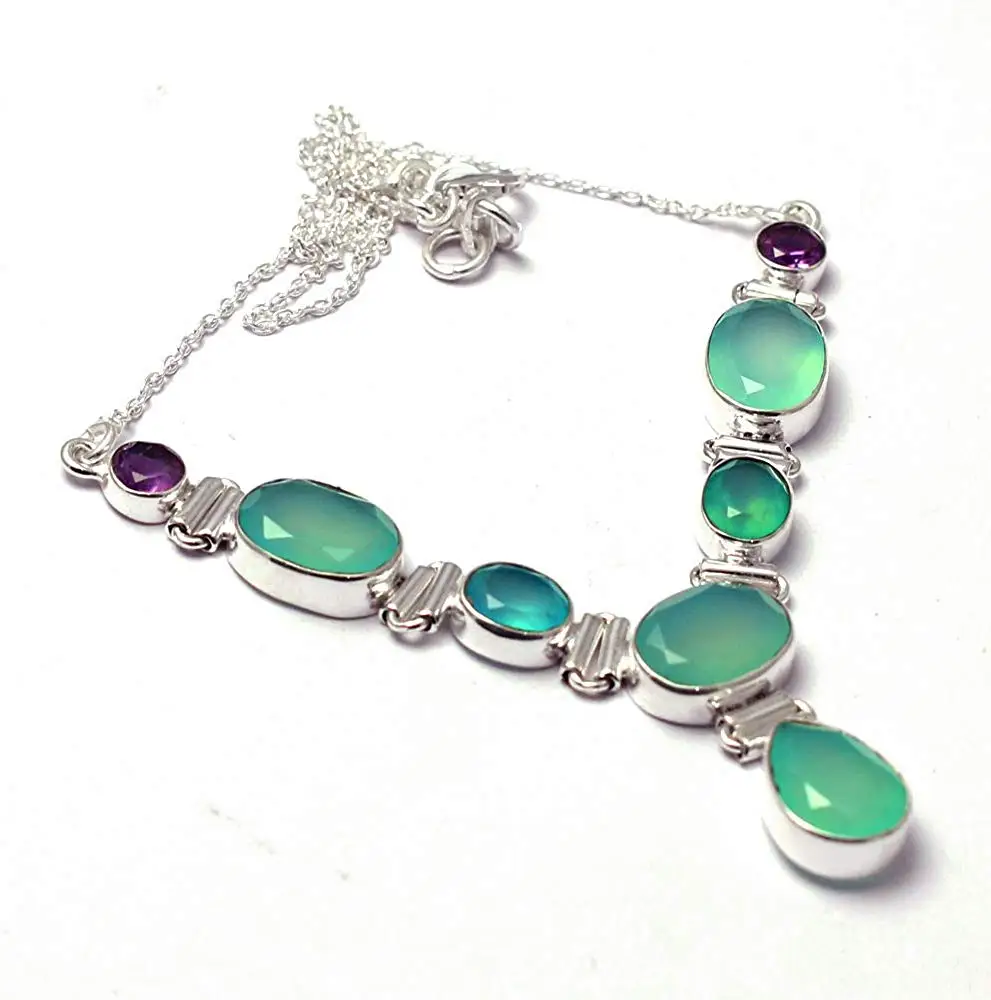 

Genuine Faceted Chalecedony + Amethyst Necklace 925 Sterling Silver, 48 cm, MHBNE0181