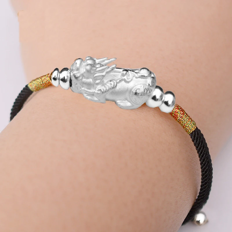 Real 999 Sterling Silver Pixiu Bracelet for Men and Women Adjustable Charm Hand Braided Lucky Knot Retro Thai Amulet Bracelet