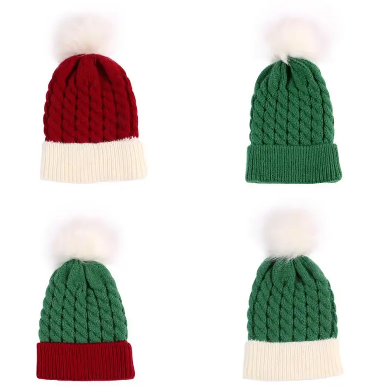 Kids Winter Santa Beanie Hat Children's Warm Knit Ski Cap with Pom Boys Girls New Year Pary Wear Green Red 0-3Y 50pcs