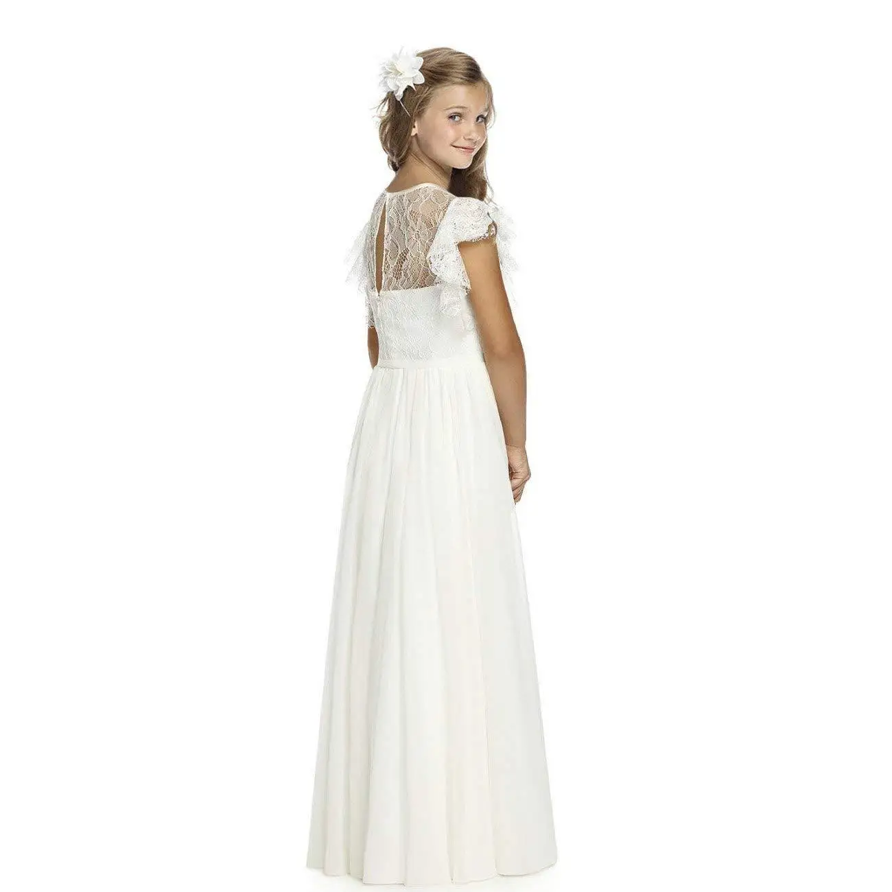 Nette Blume Mädchen Kleider Für Hochzeiten A-line Chiffon Cap Sleeves Spitze Lange Erstkommunion Kleider Für Mädchen Wenig